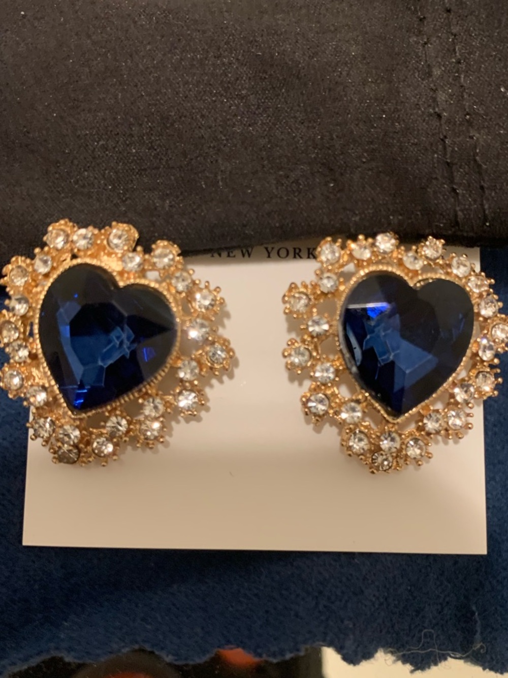 Gold-Tone Heart Crystal Stud Earrings with Deep Blue Center